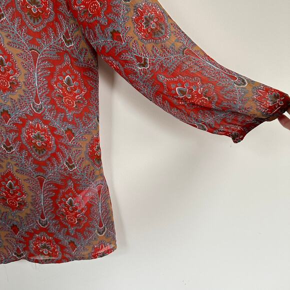 Lucky Brand V-Neck Blouse Semi Sheer Paisley Floral Red Lightweight Sz SMALL - Picture 3 of 9